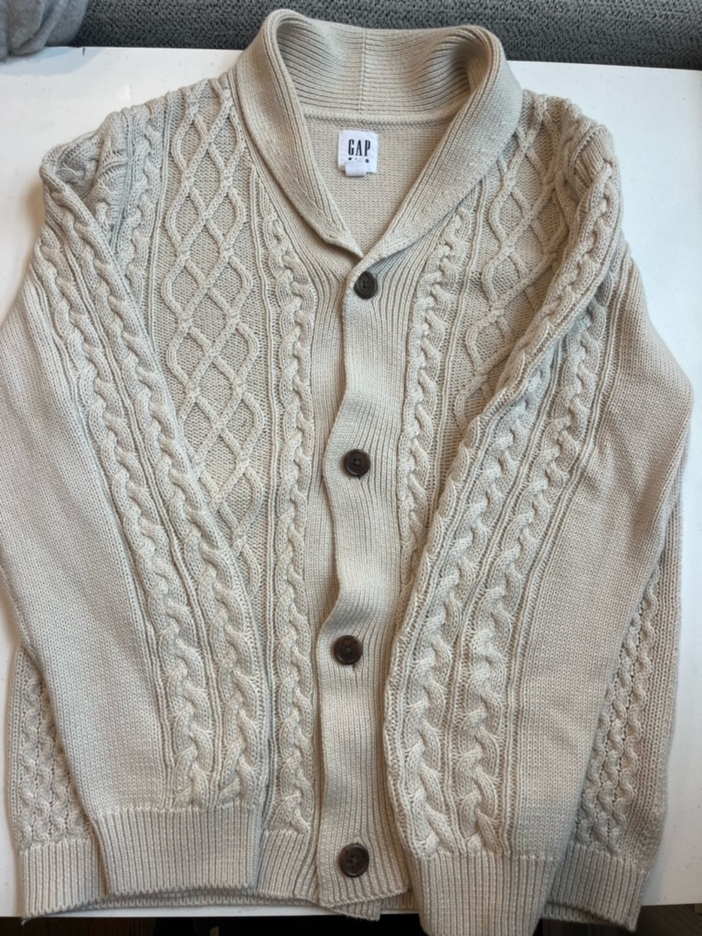 GAP Men's Cream Cable Knit Shawl Collar Cardigan